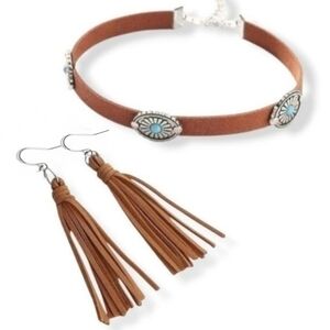 Brown Suede Tassel Earrings & Turquiose Concho Choker